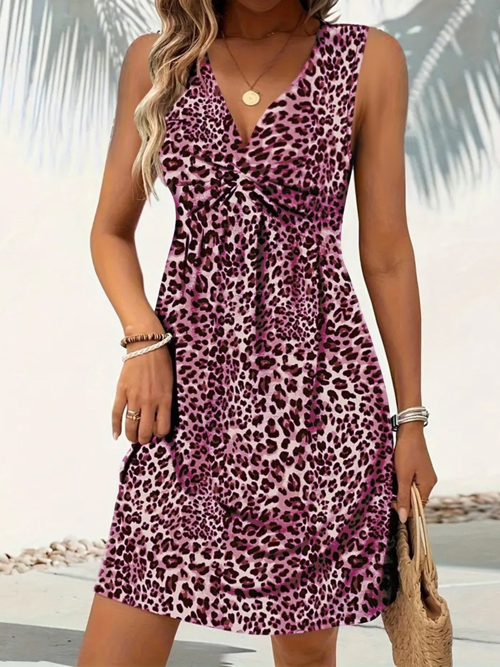 Mauve Leopard Print V-Neck Sleeveless Dress- Full & Plus Sizes - Picture 3 of 5